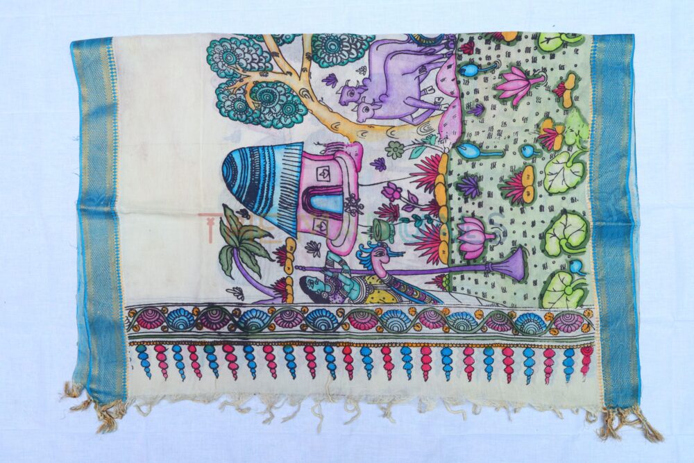 Off-white hand painted pen kalamakari Chanderi Silk cotton Duppatta