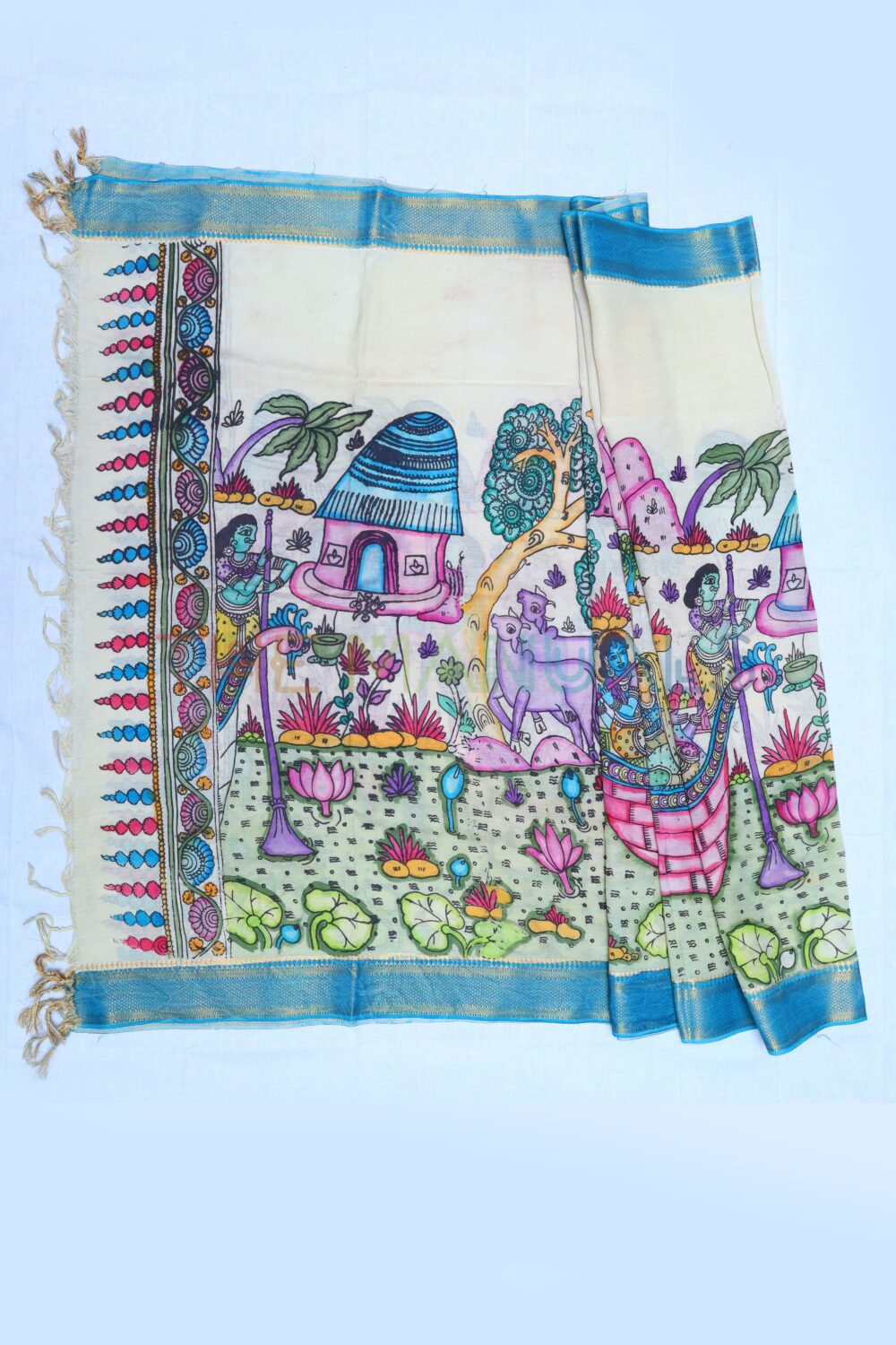Off-white hand painted pen kalamakari Chanderi Silk cotton Duppatta - Image 2
