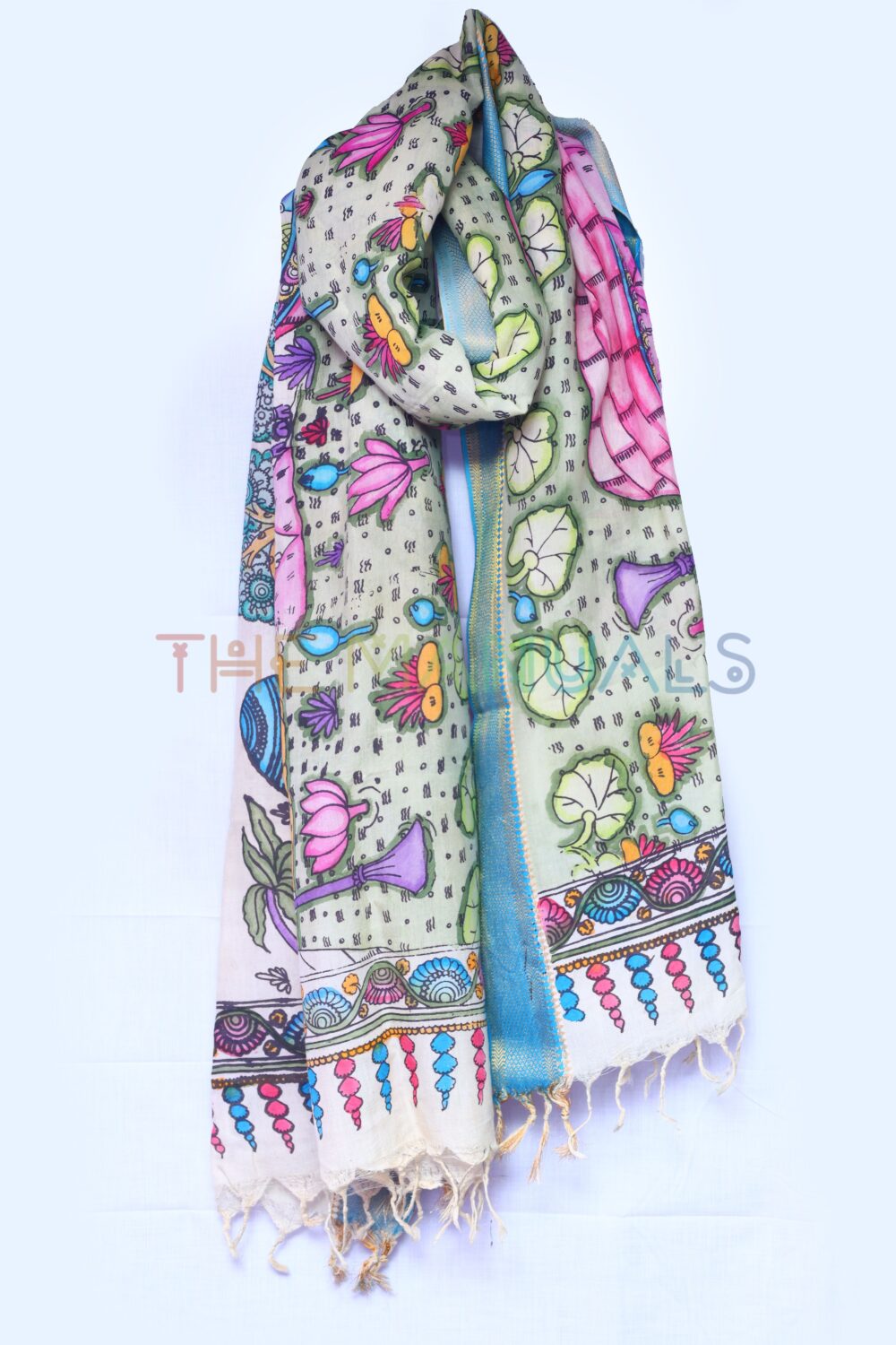Off-white hand painted pen kalamakari Chanderi Silk cotton Duppatta - Image 3