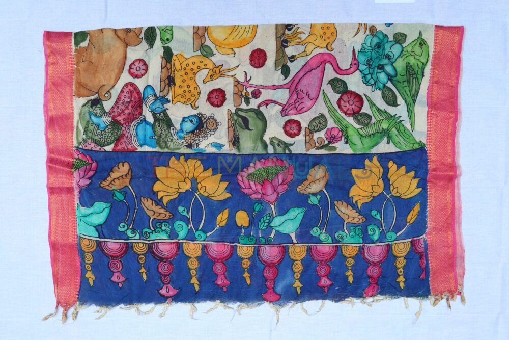 Off-white hand painted pen kalamakari Chanderi Silk cotton Duppatta