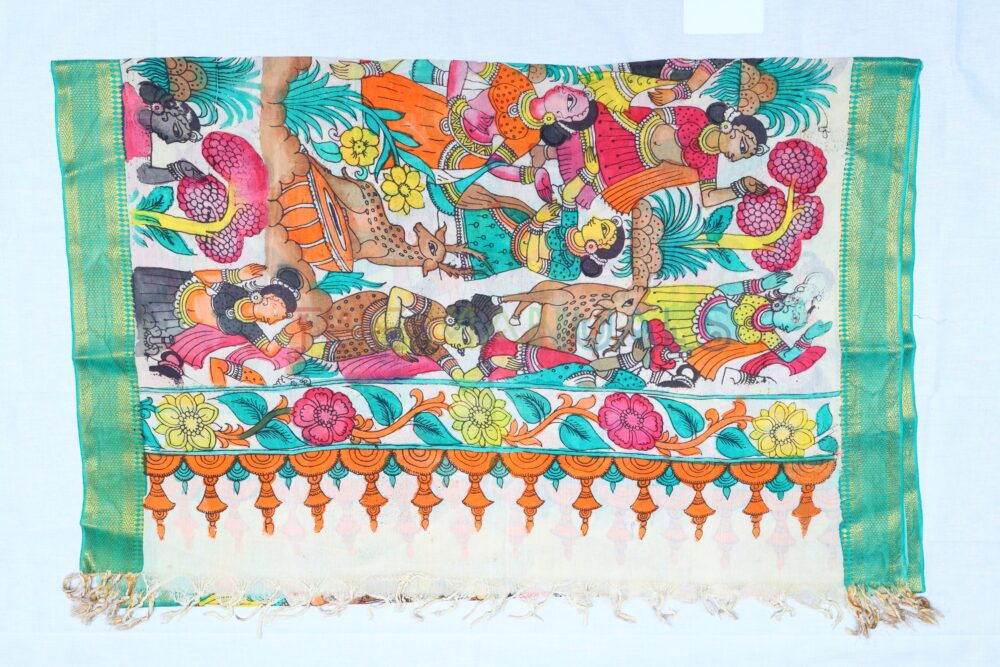 Off-white Hand Painted pen kalamakari Chanderi Silk cotton Duppatta