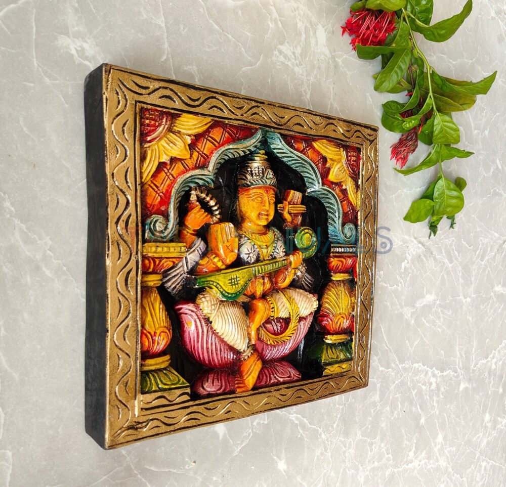 Goddess Saraswathi Wooden Wall Panel