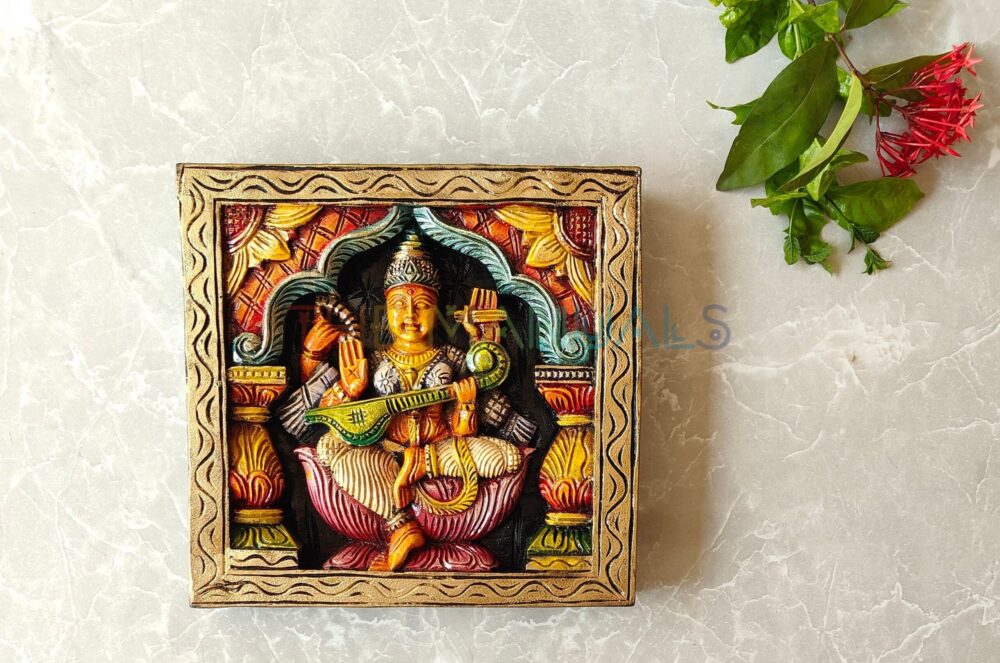Goddess Saraswathi Wooden Wall Panel - Image 2