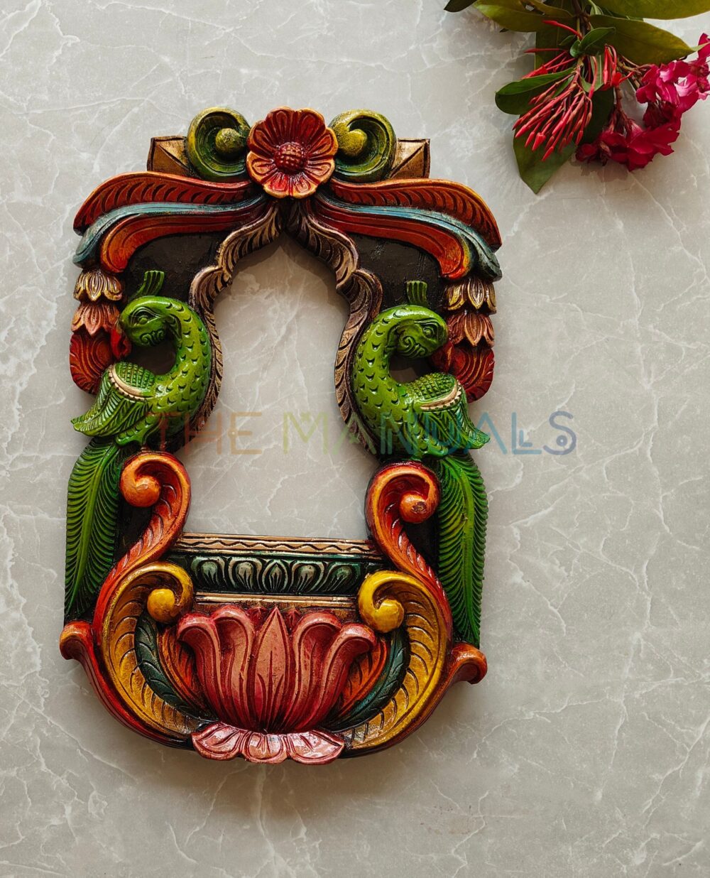 peacocks and Lotus Wooden Wall Panel with green colour - Image 2