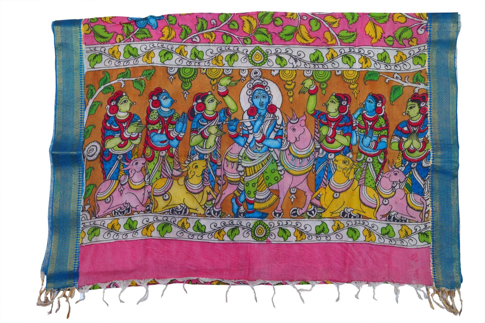 Orange hand painted pen kalamakari Chanderi Silk cotton Duppatta