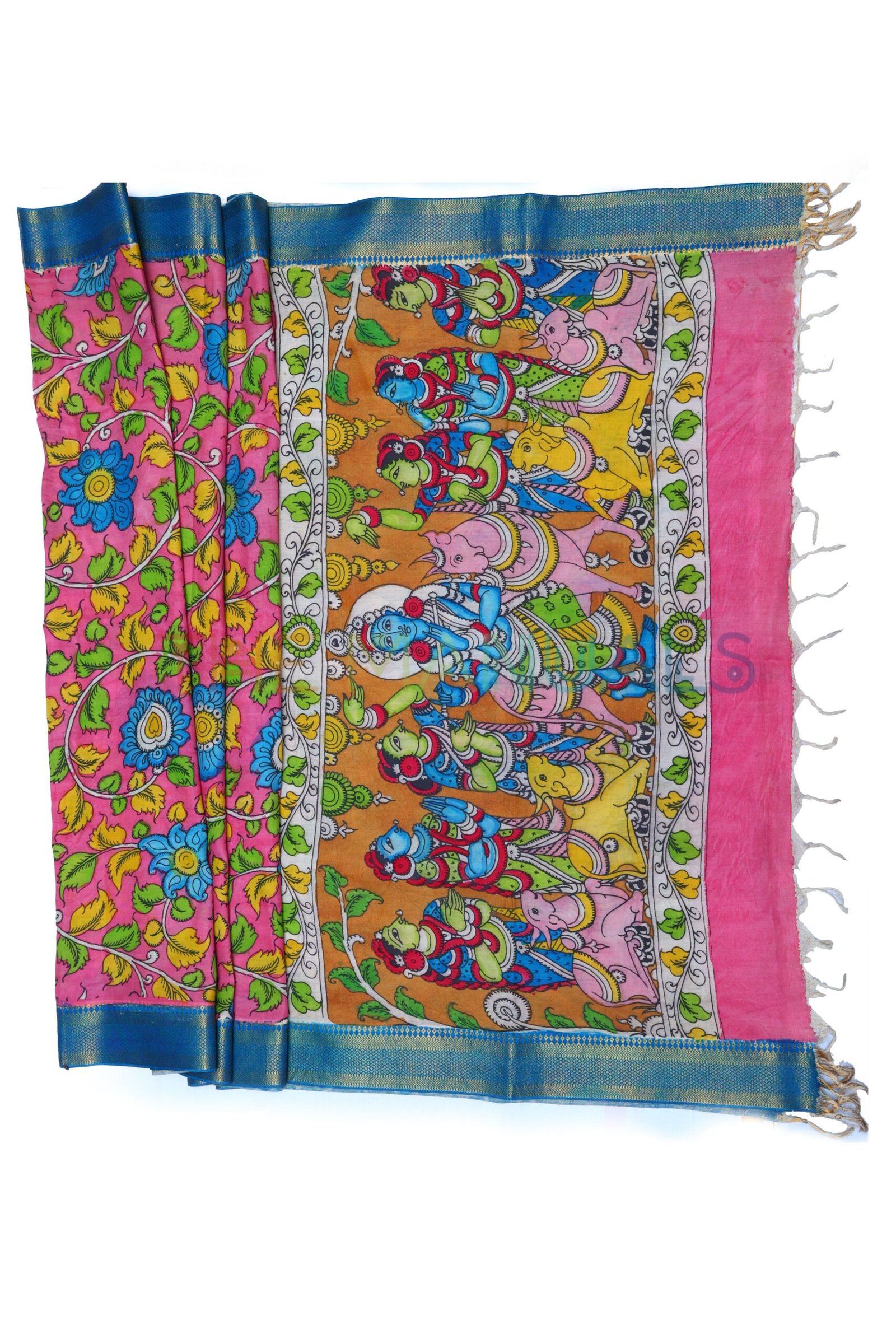 Orange hand painted pen kalamakari Chanderi Silk cotton Duppatta - Image 2