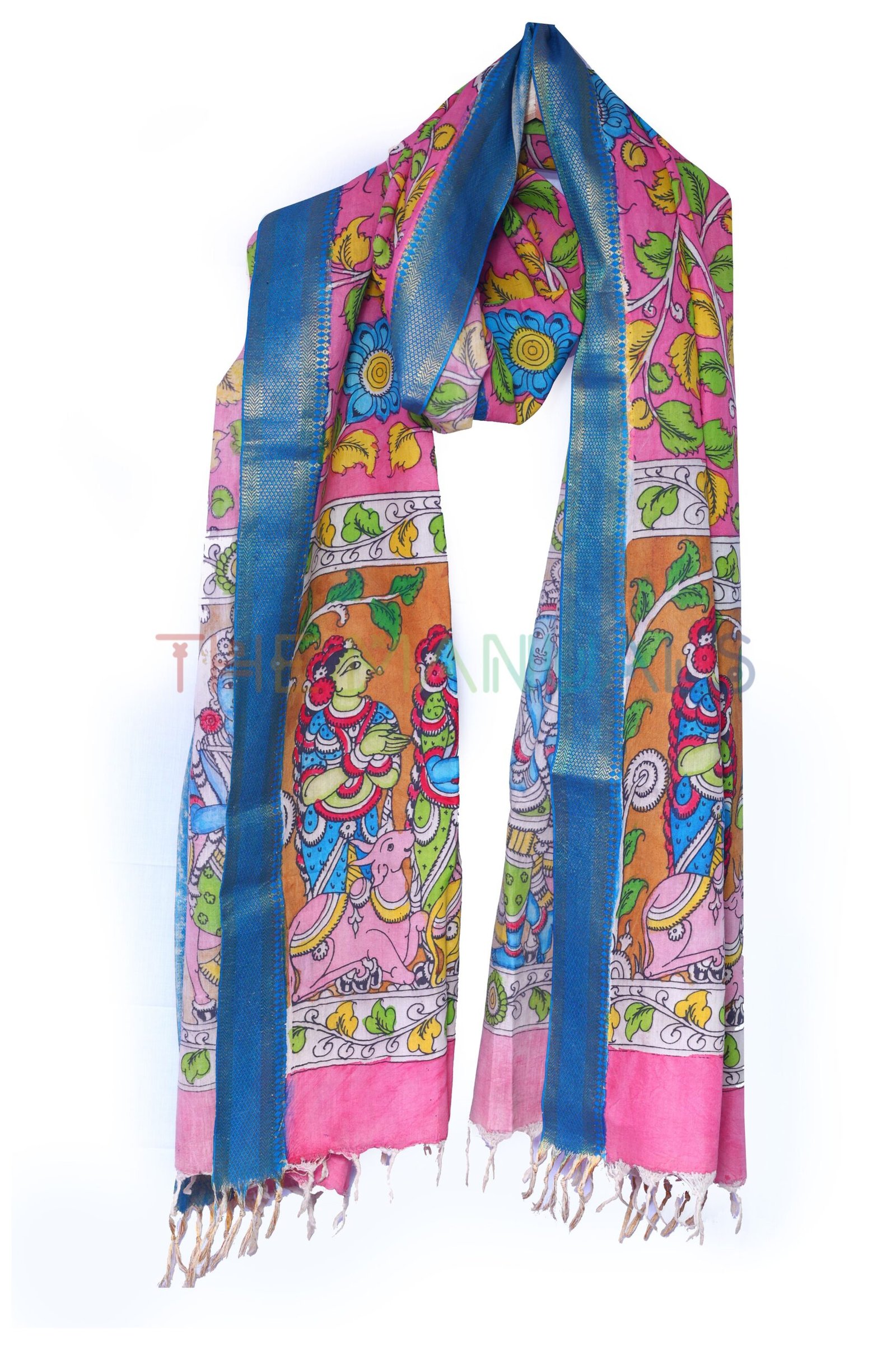 Orange hand painted pen kalamakari Chanderi Silk cotton Duppatta - Image 3
