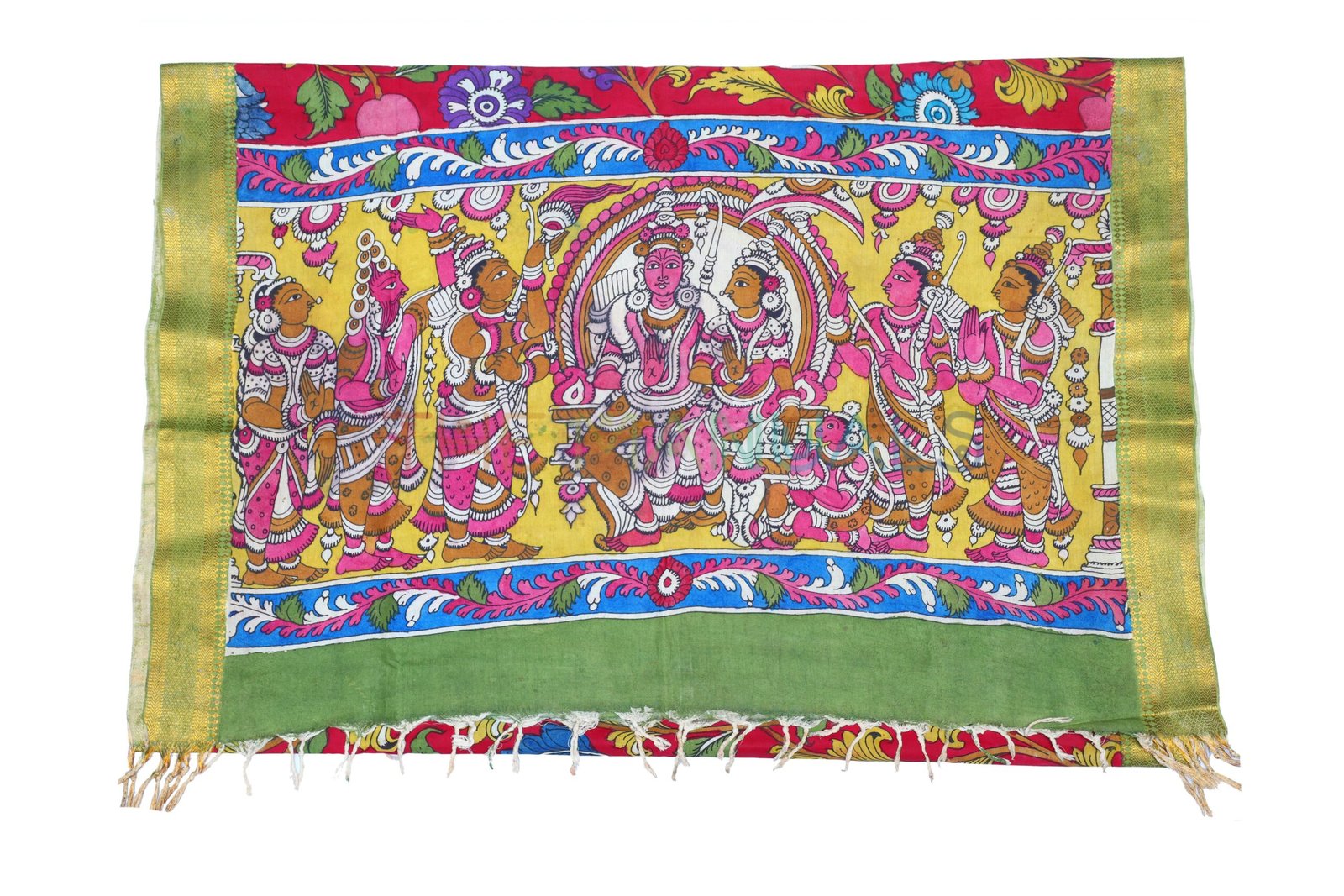 Red hand painted pen kalamakari Chanderi Silk cotton Duppatta