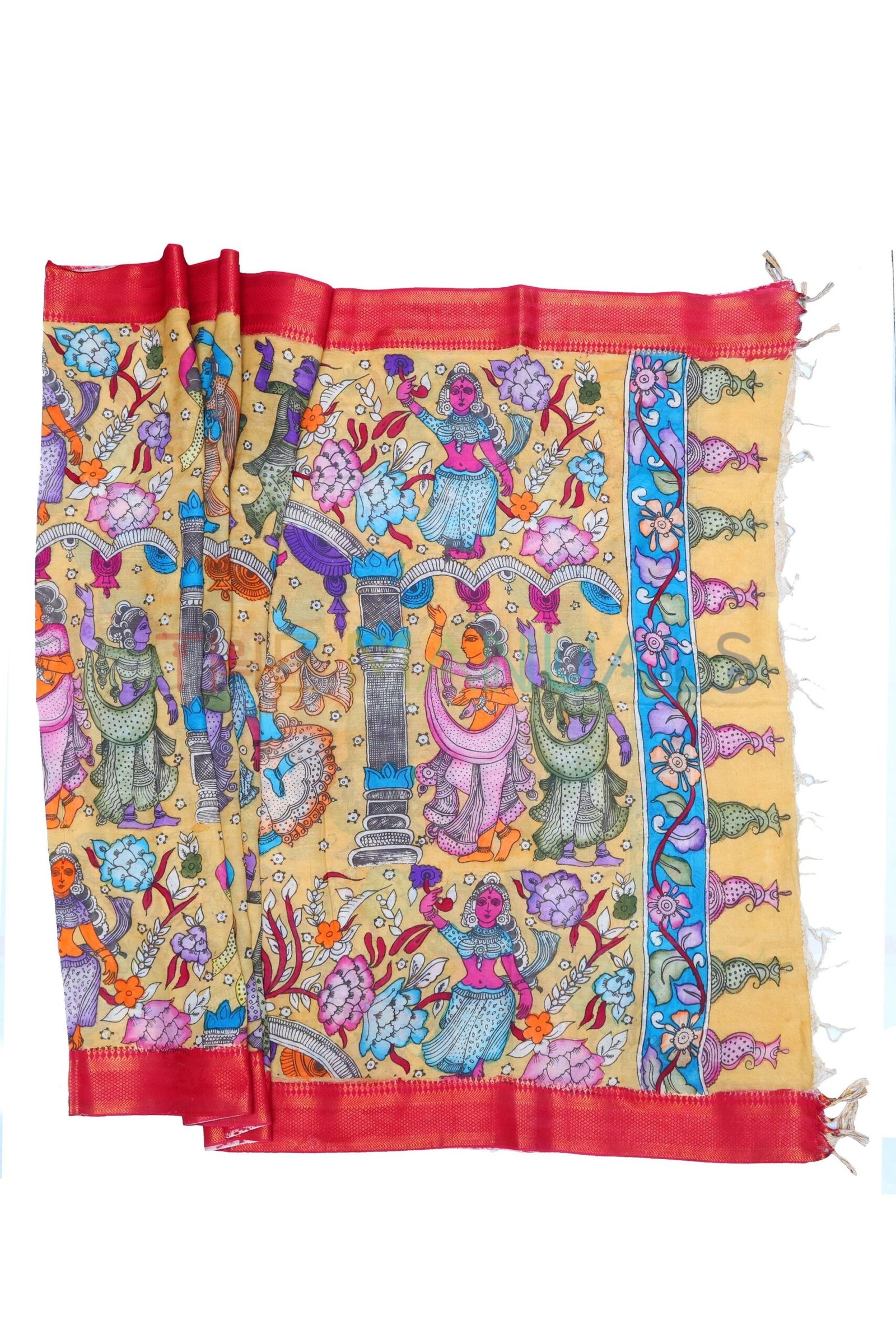 Yellow hand painted pen kalamakari Chanderi Silk cotton Duppatta - Image 2