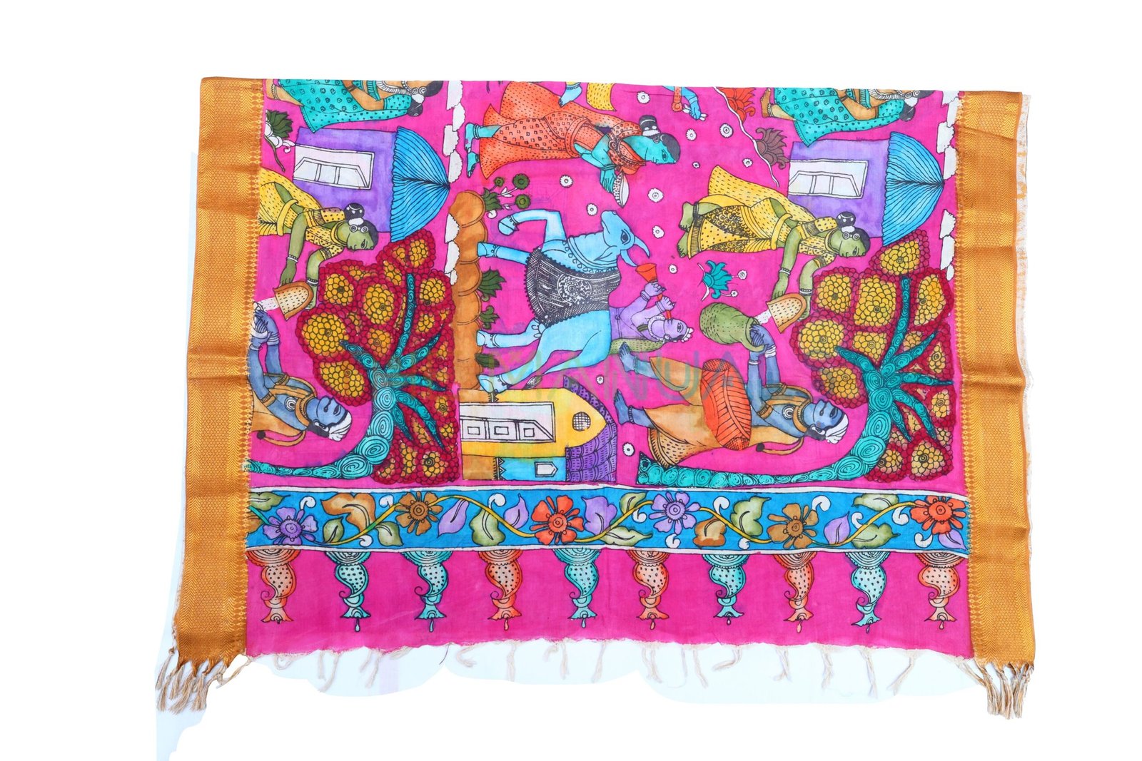 Pink hand painted pen kalamakari Chanderi Silk cotton Duppatta