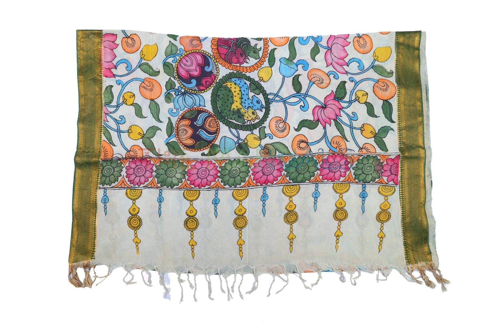 Off-white hand painted pen kalamakari Chanderi Silk cotton Duppatta
