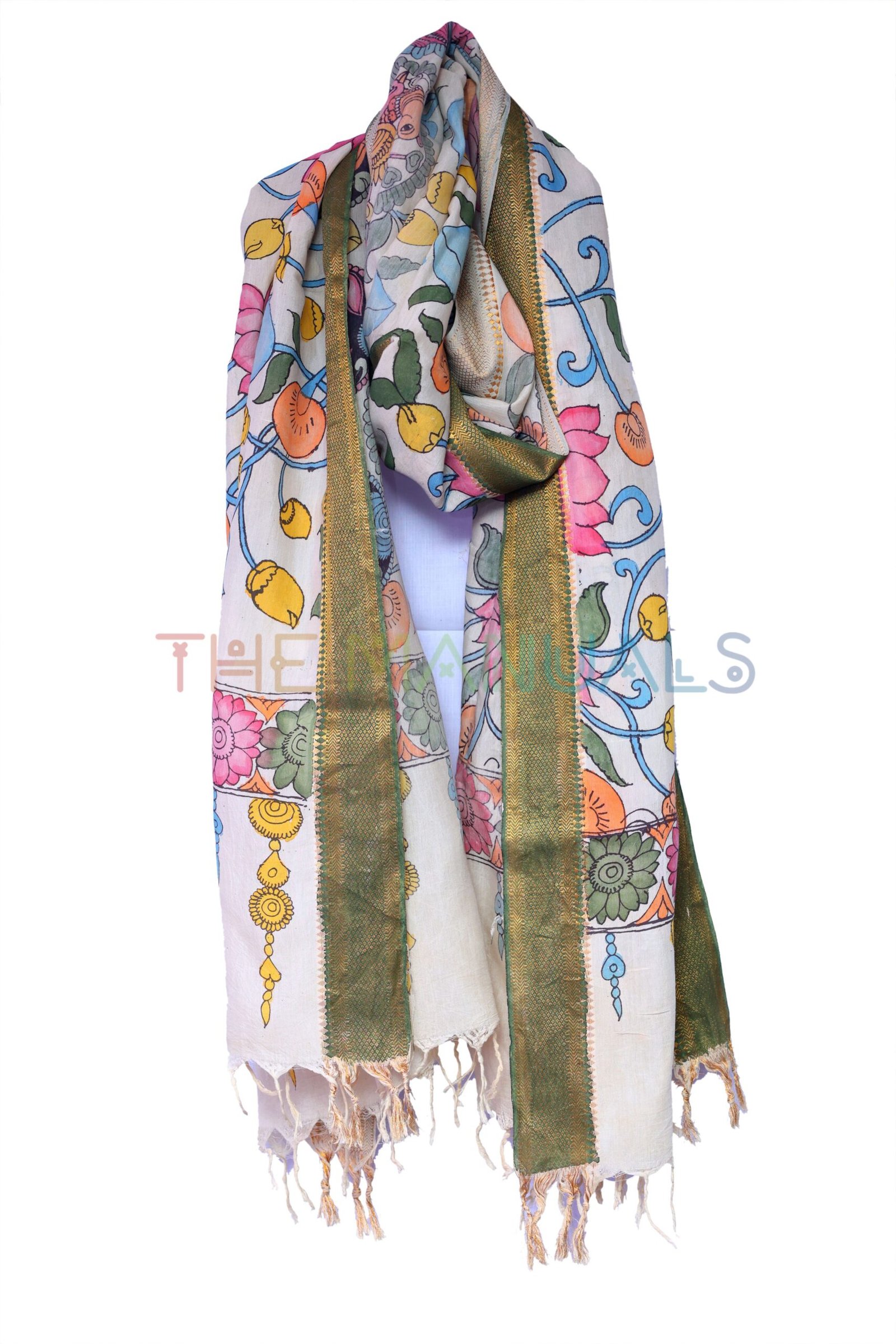 Off-white hand painted pen kalamakari Chanderi Silk cotton Duppatta - Image 3