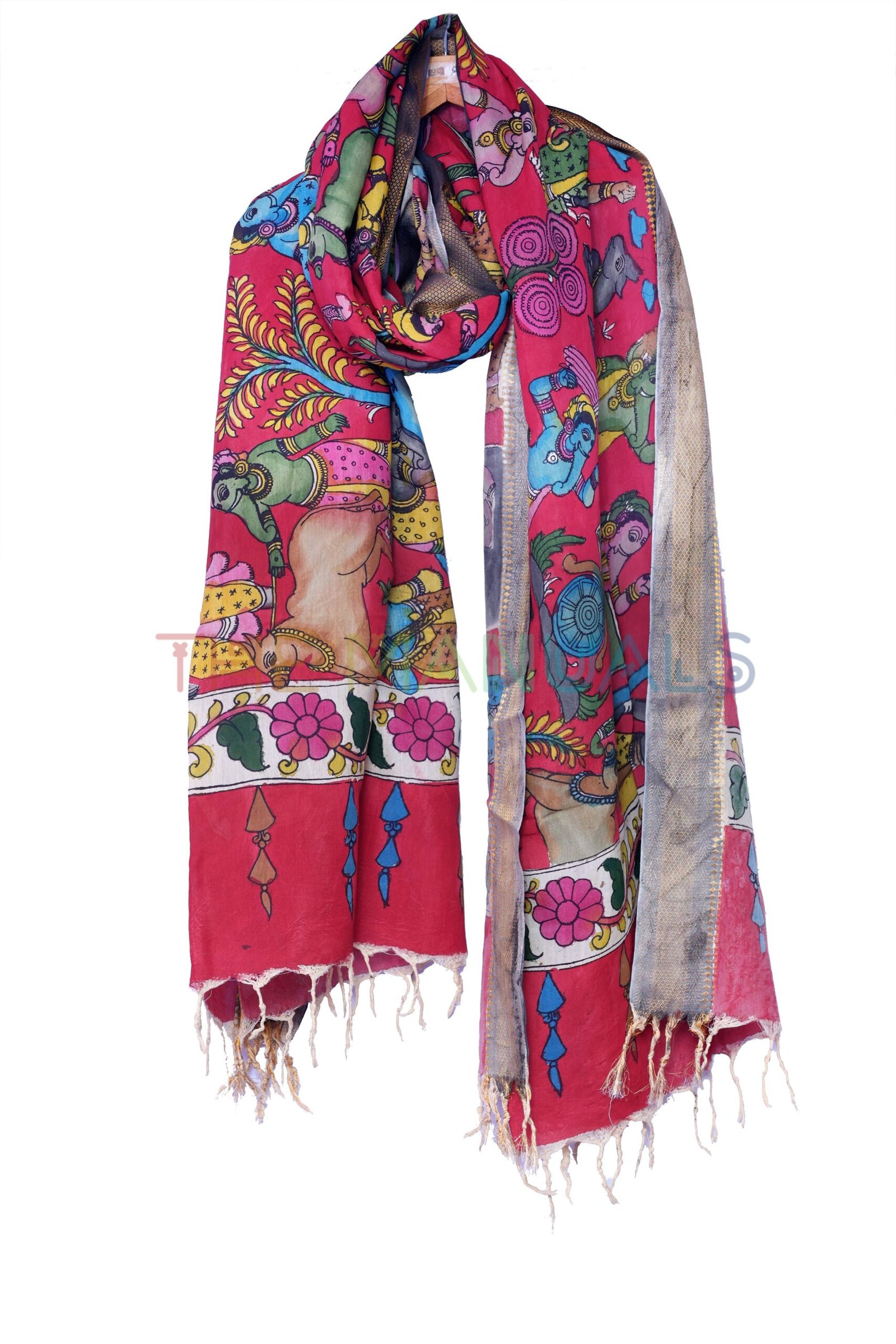 Red hand painted pen kalamakari Chanderi Silk cotton Duppatta - Image 3