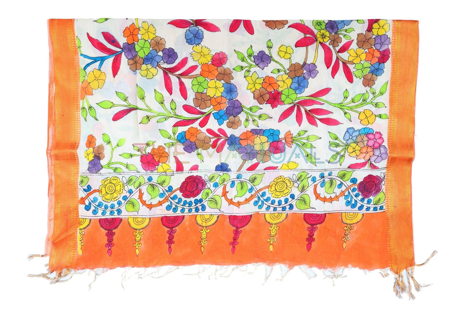 Off-white hand painted pen kalamakari Chanderi Silk cotton Duppatta