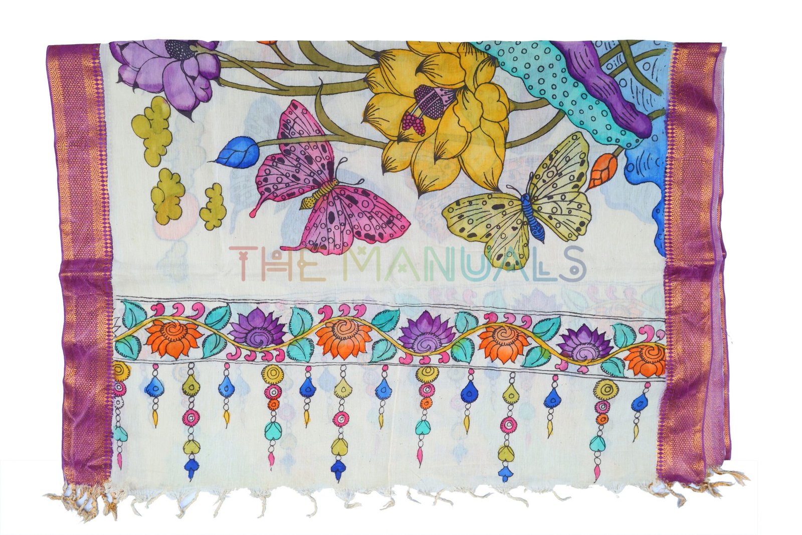 Off-white hand painted pen kalamakari Chanderi Silk cotton Duppatta