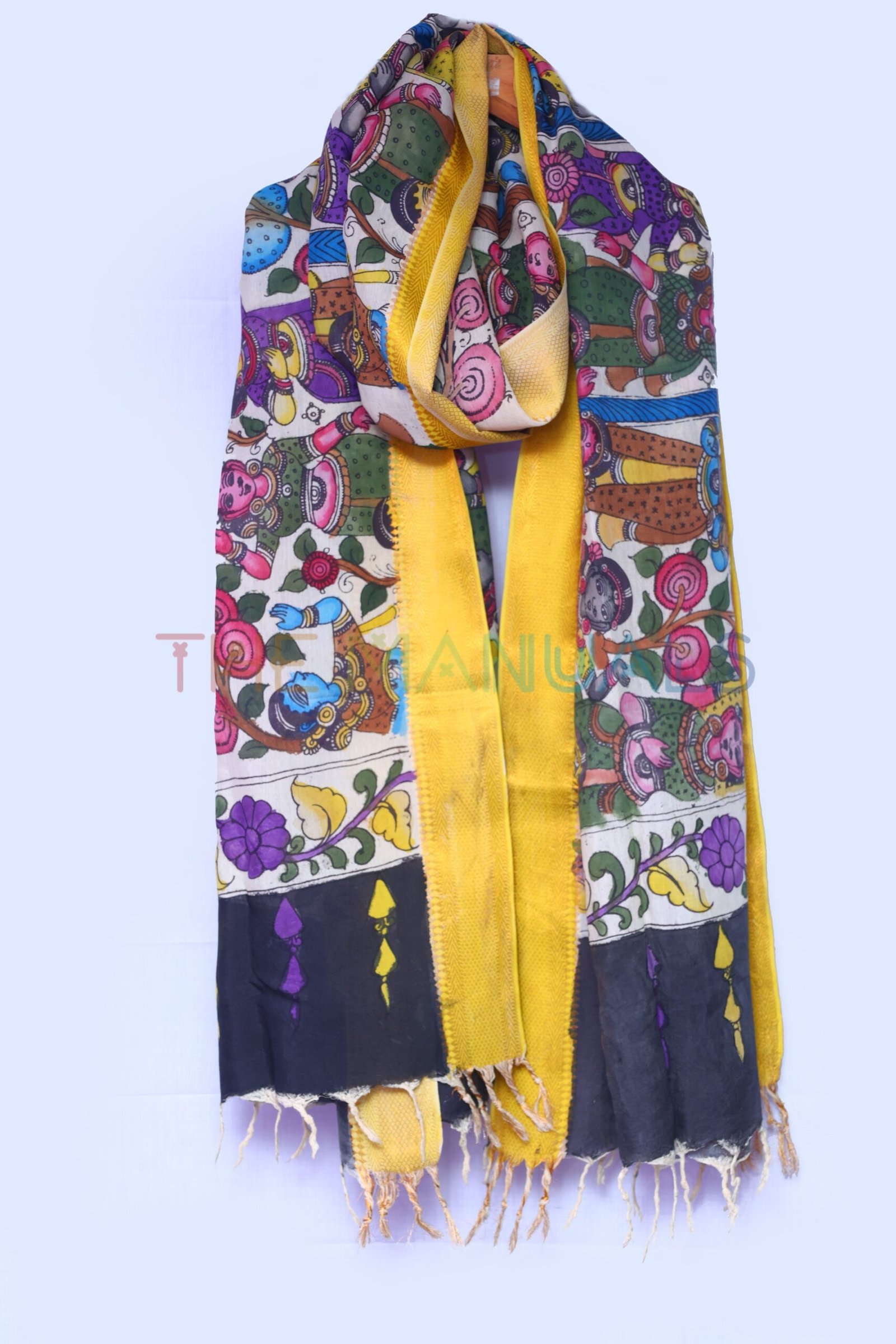 Off-white hand painted pen kalamakari Chanderi Silk cotton Duppatta - Image 3