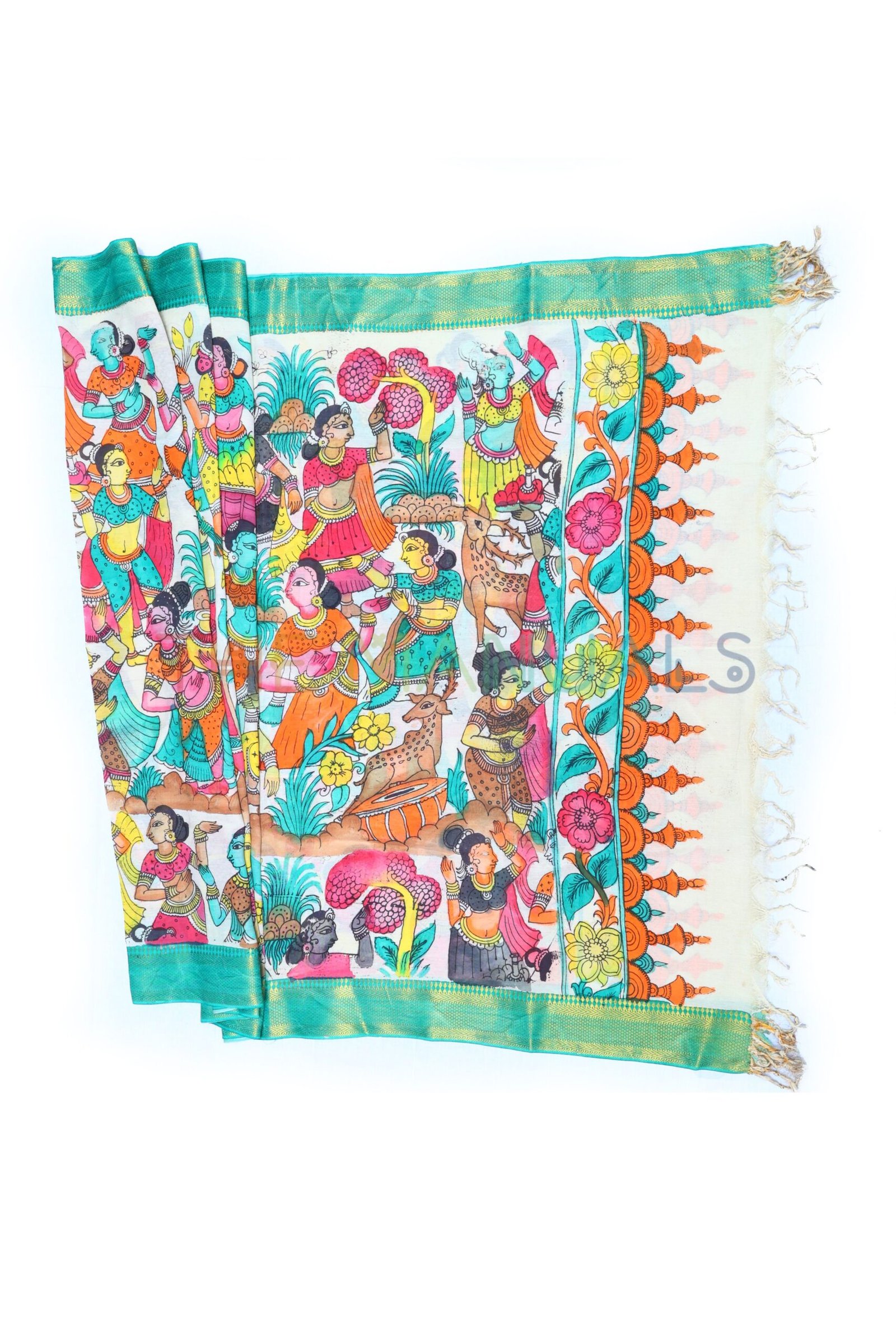 Off-white Hand Painted pen kalamakari Chanderi Silk cotton Duppatta - Image 2