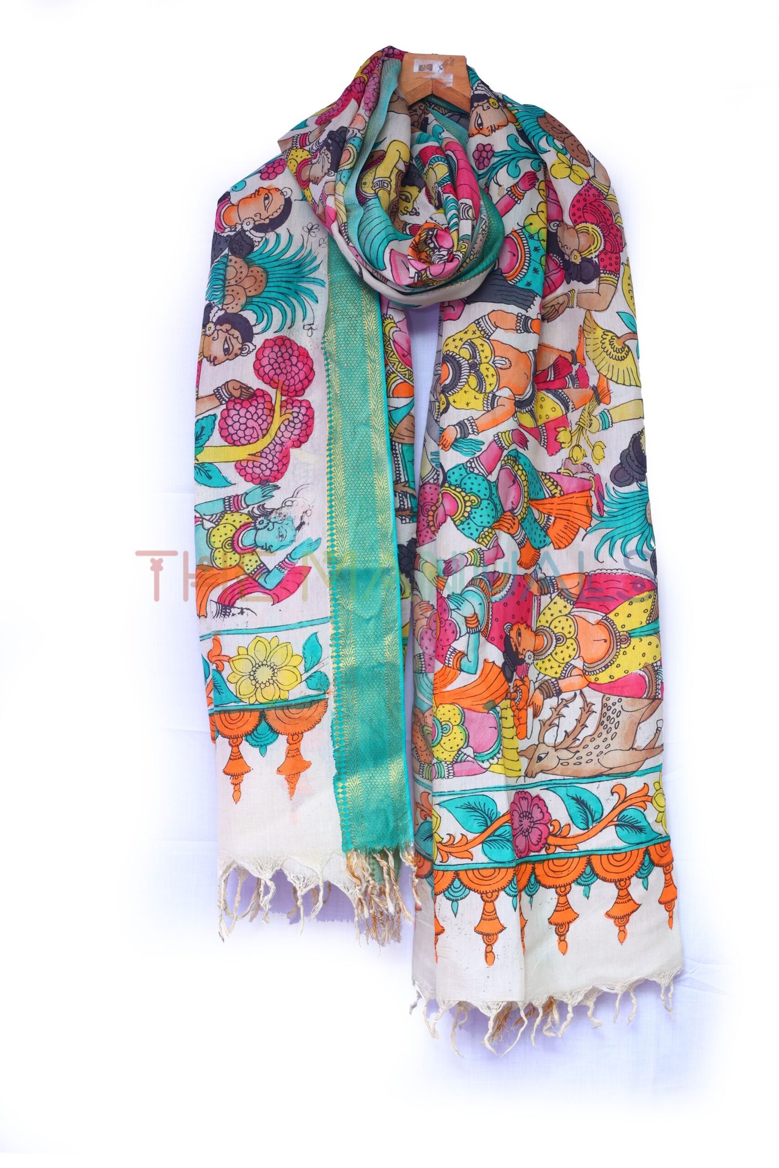 Off-white Hand Painted pen kalamakari Chanderi Silk cotton Duppatta - Image 3
