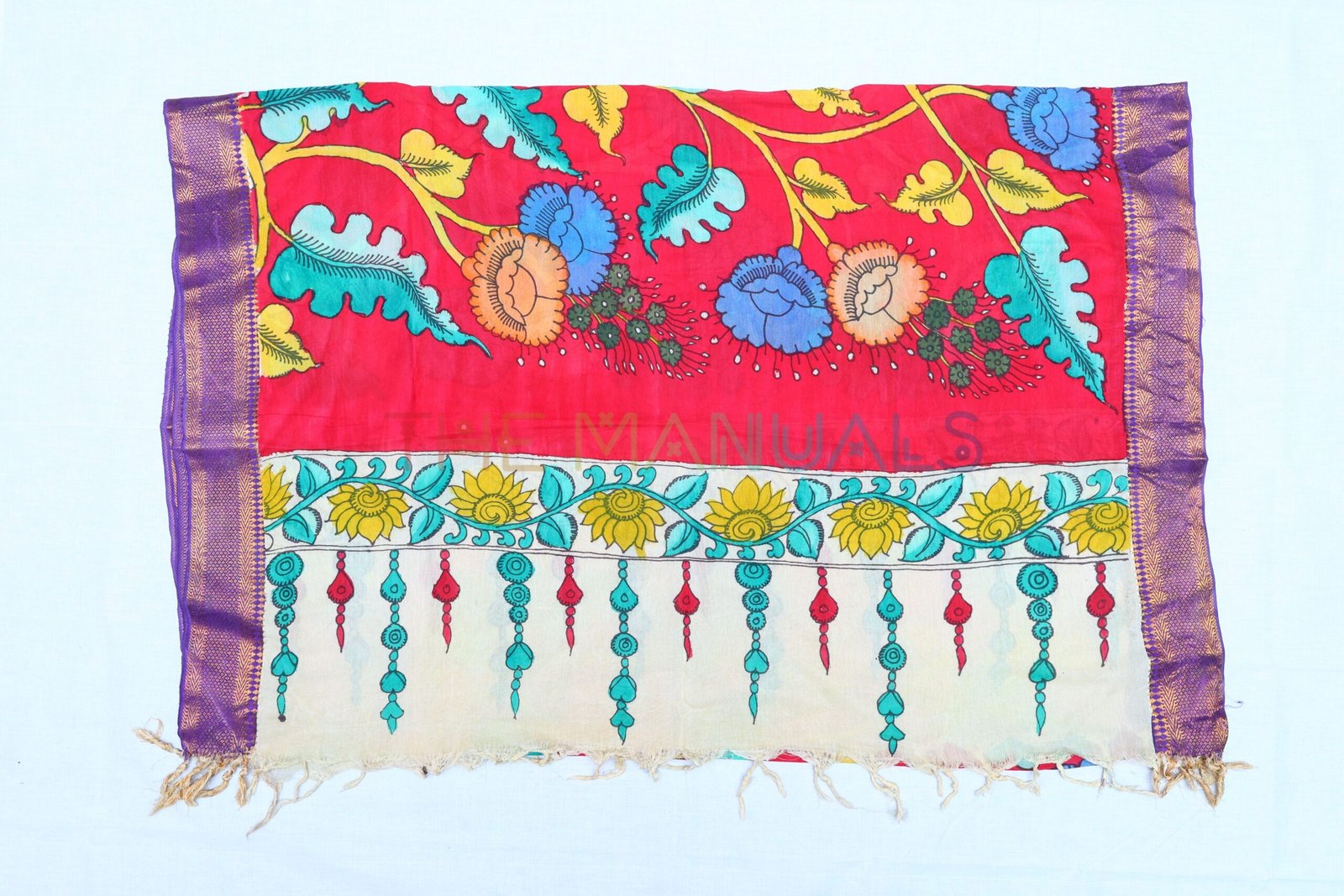 Red -Hand-Painted pen kalamakari Chanderi Silk cotton Duppatta