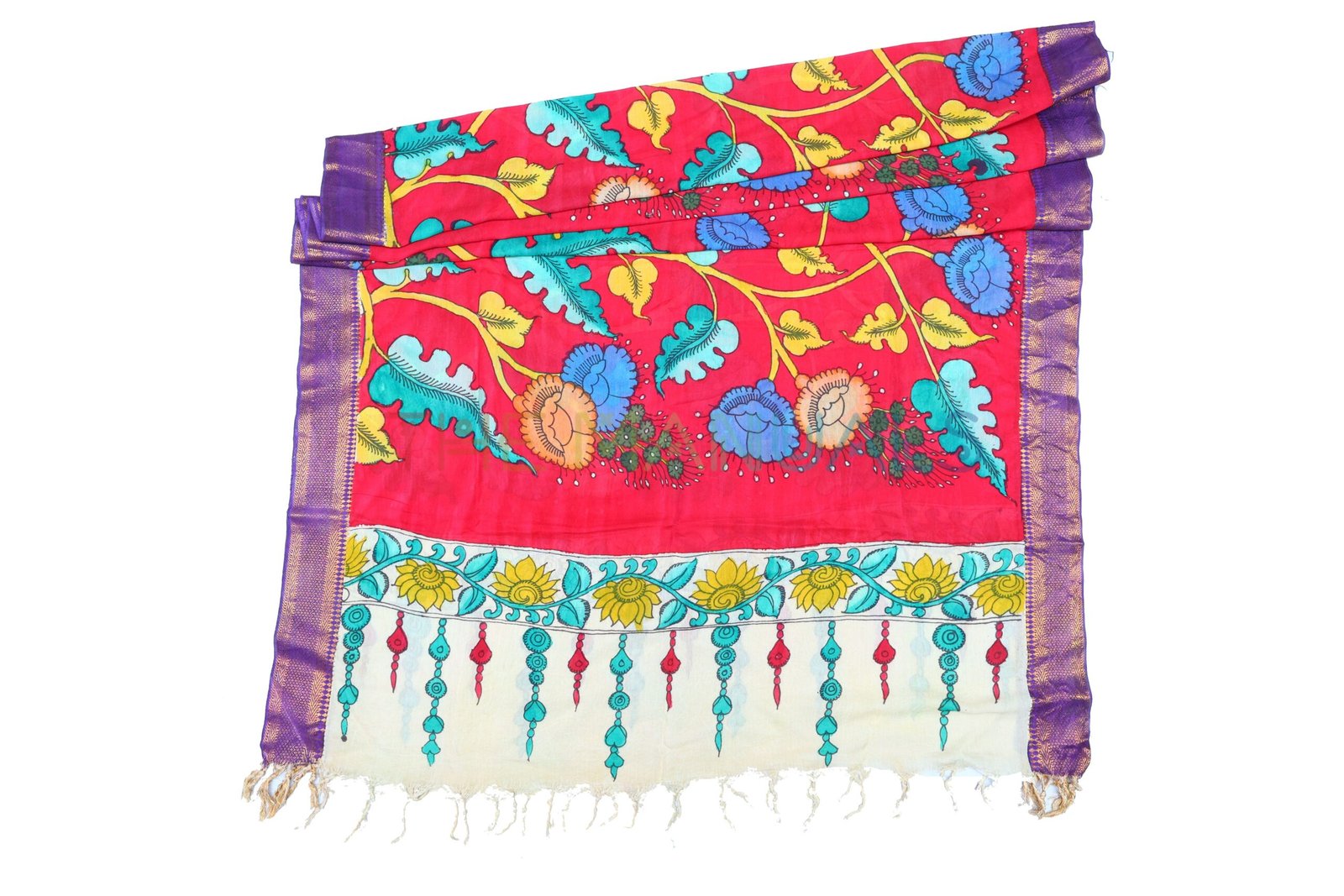 Red -Hand-Painted pen kalamakari Chanderi Silk cotton Duppatta - Image 2