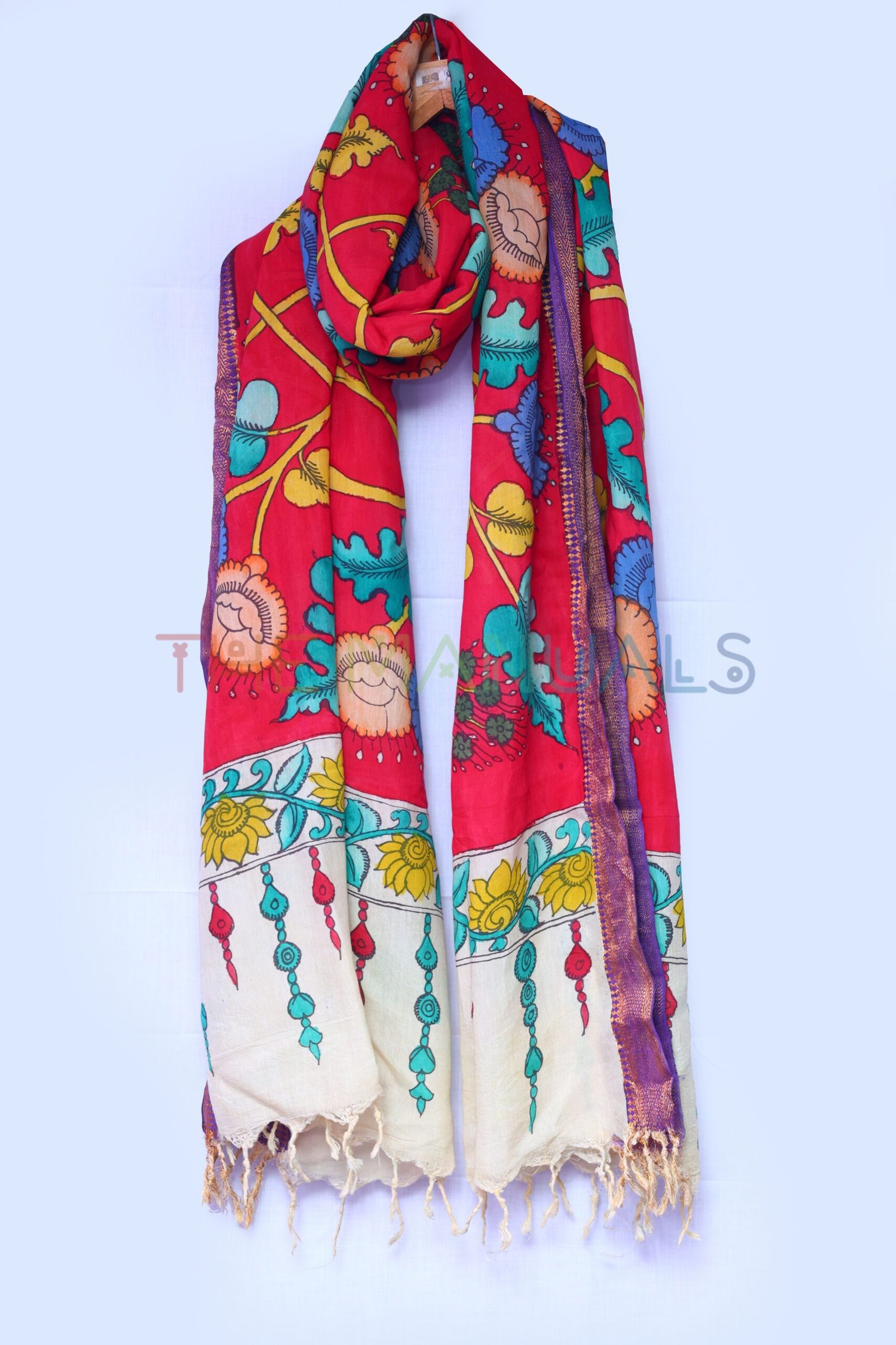 Red -Hand-Painted pen kalamakari Chanderi Silk cotton Duppatta - Image 3