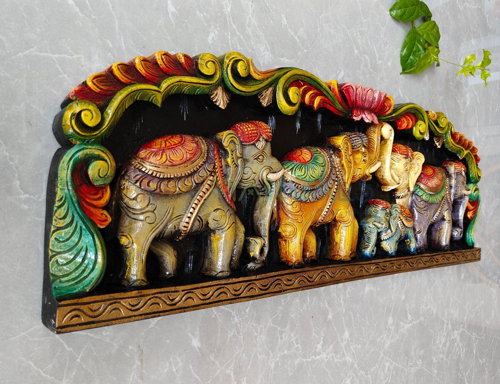 Handcrafted Multicolour Wooden Elephant Procession Wall Panel
