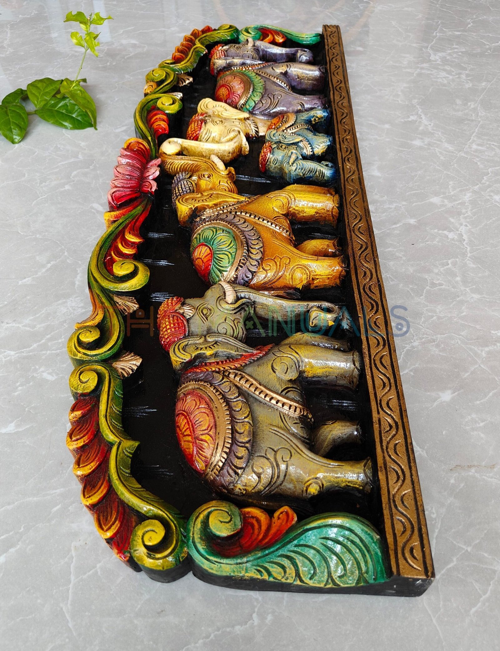 Handcrafted Multicolour Wooden Elephant Procession Wall Panel - Image 2