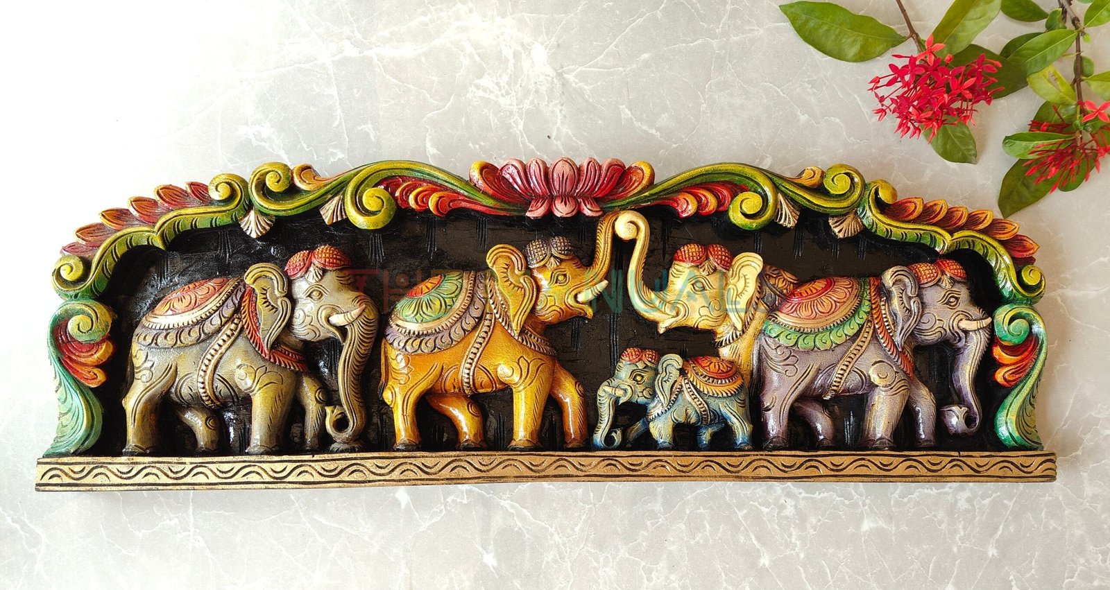 Handcrafted Multicolour Wooden Elephant Procession Wall Panel - Image 4