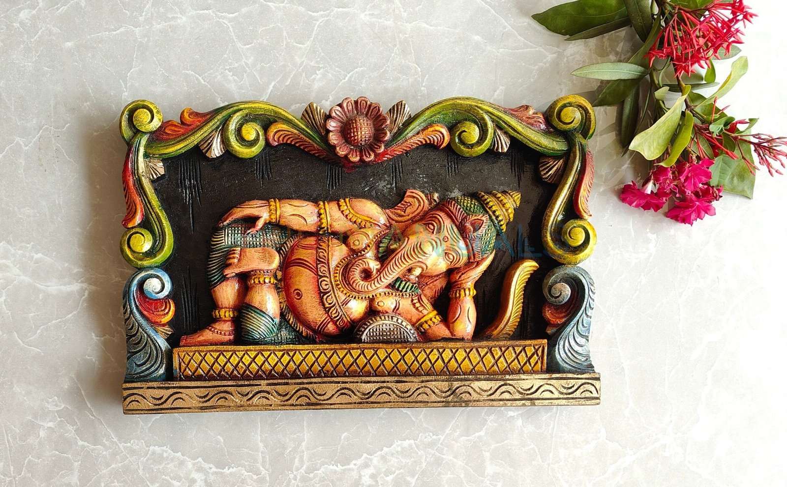 Handcrafted Multicolour Reclining Ganesha Wooden Wall Panel