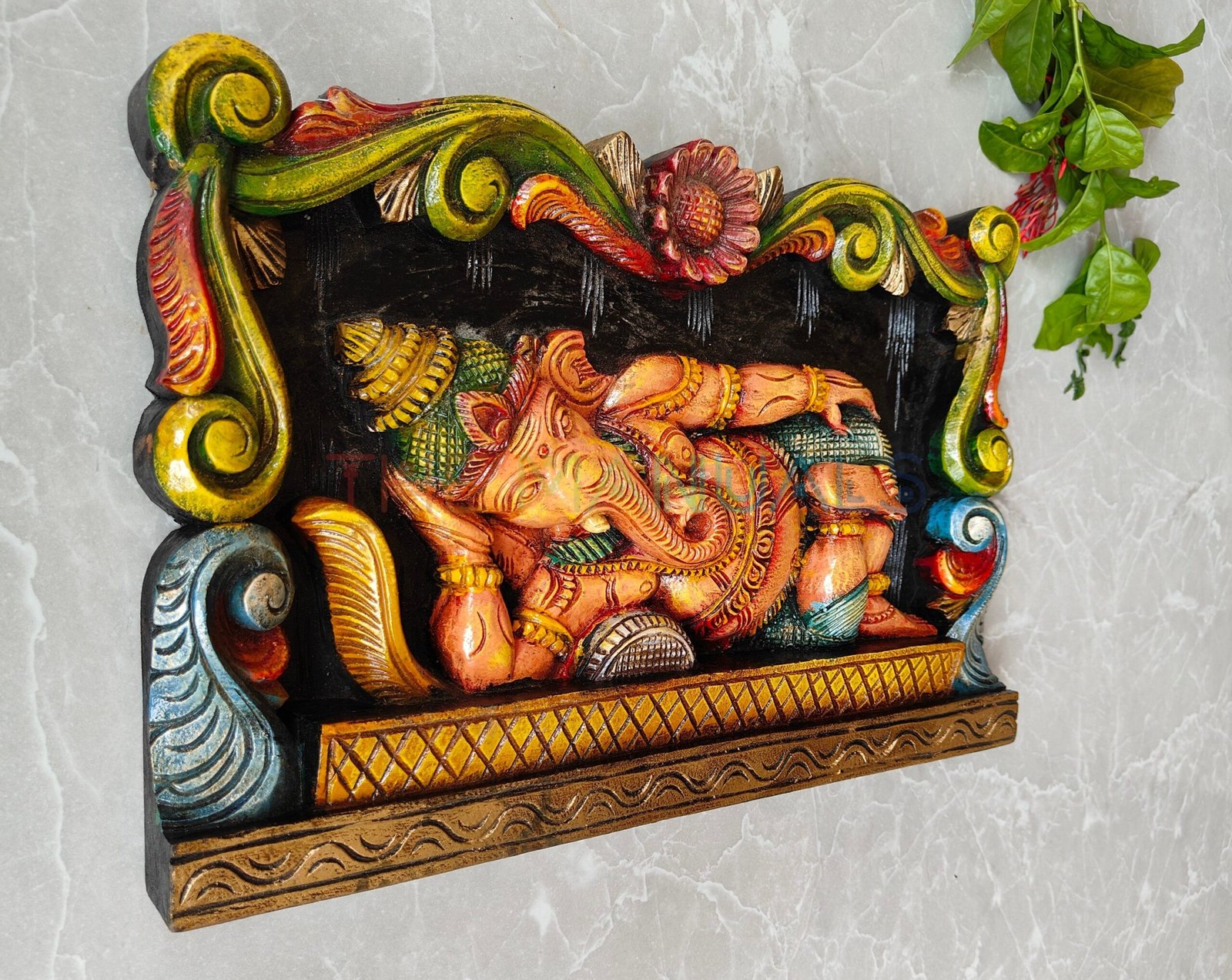 Handcrafted Multicolour Reclining Ganesha Wooden Wall Panel - Image 2