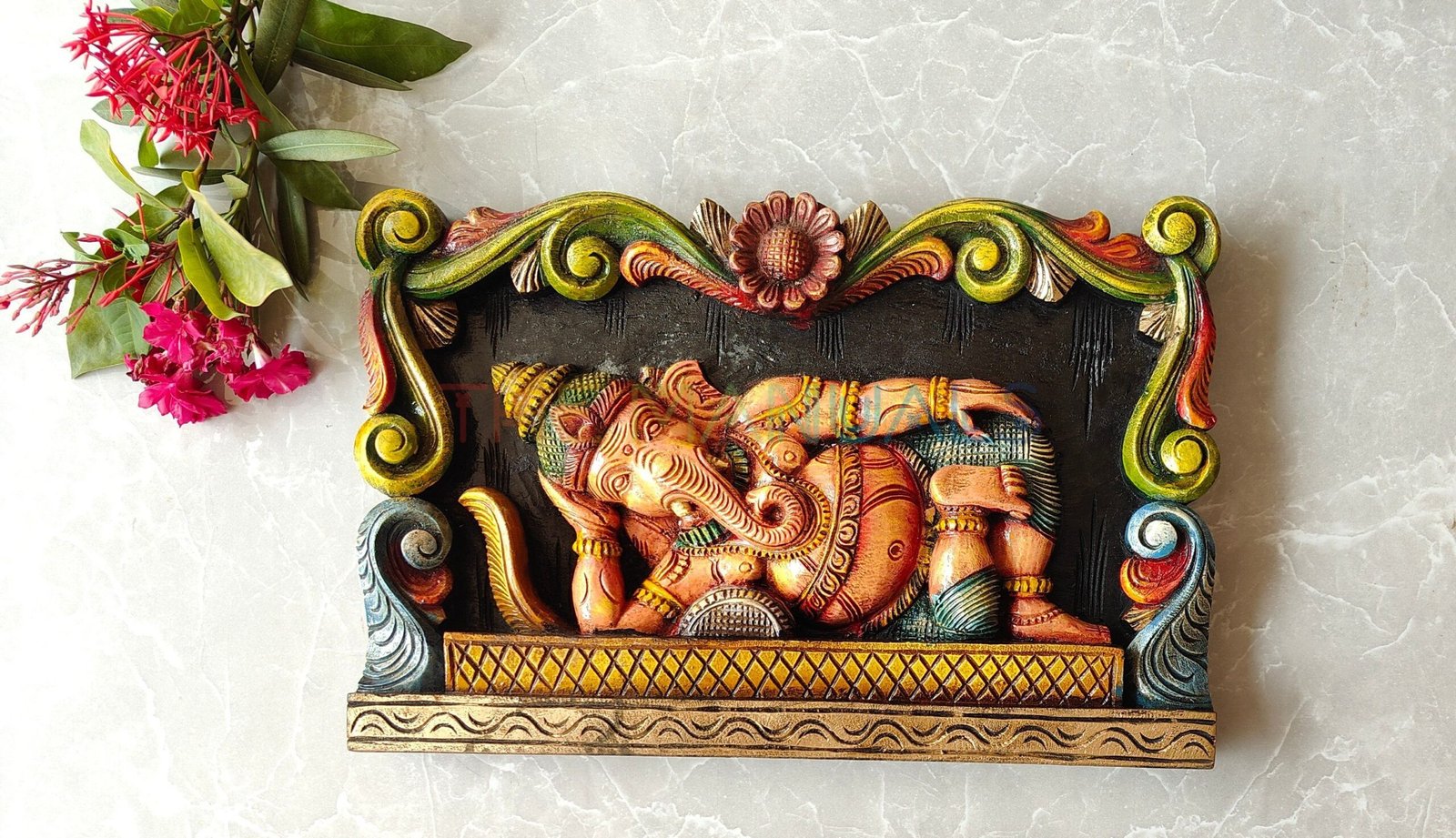 Handcrafted Multicolour Reclining Ganesha Wooden Wall Panel - Image 3
