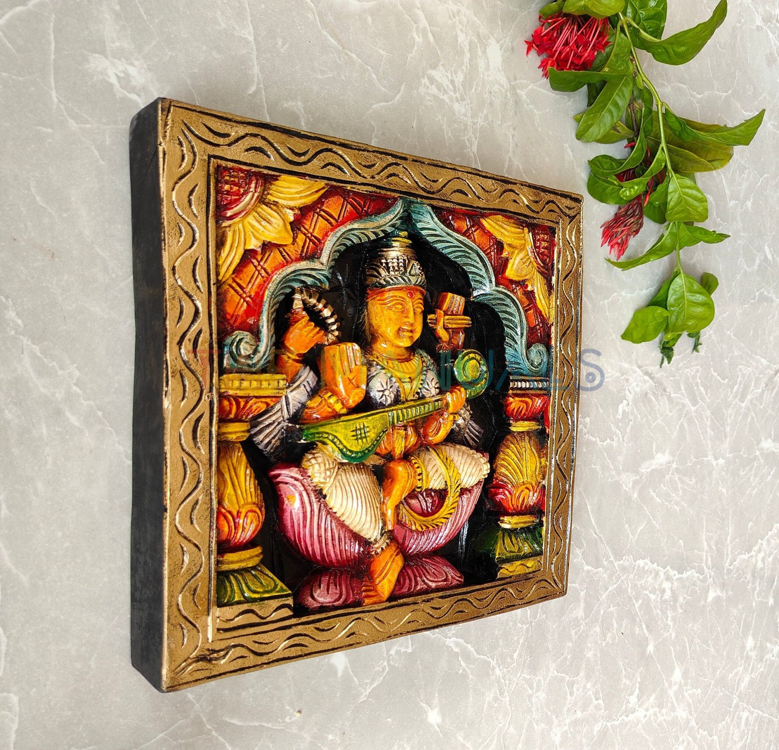 Handcrafted Multicolour Goddess Saraswati Wooden Wall Panel