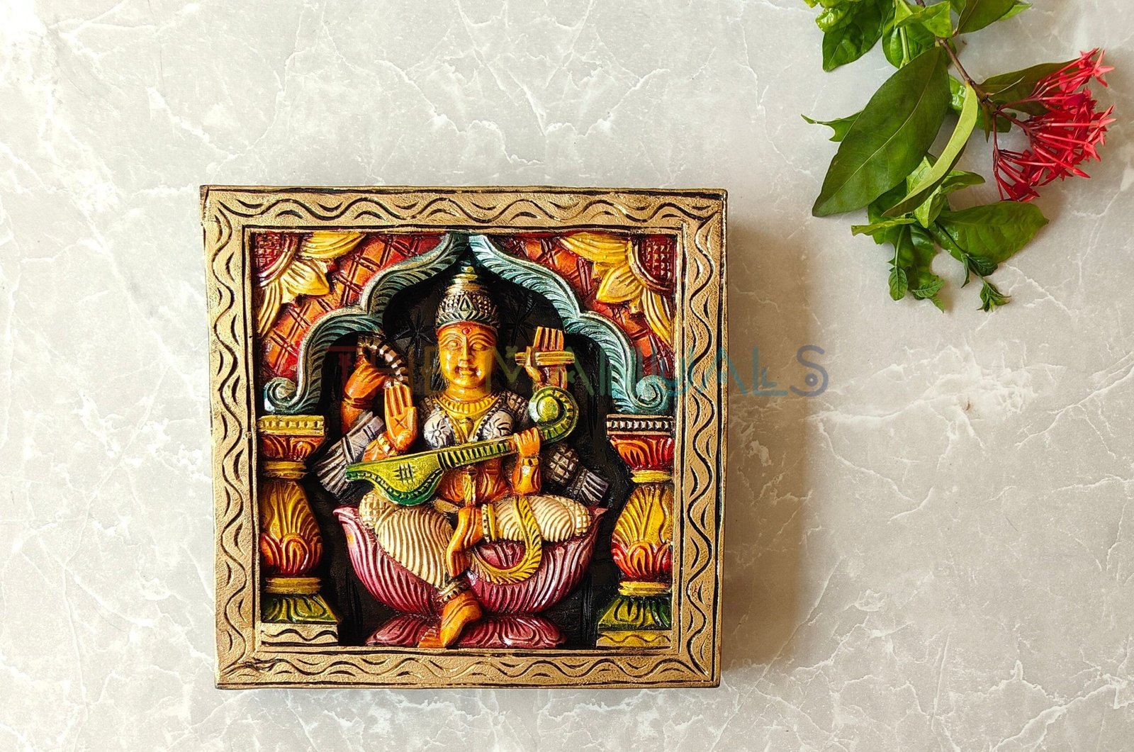 Handcrafted Multicolour Goddess Saraswati Wooden Wall Panel - Image 2