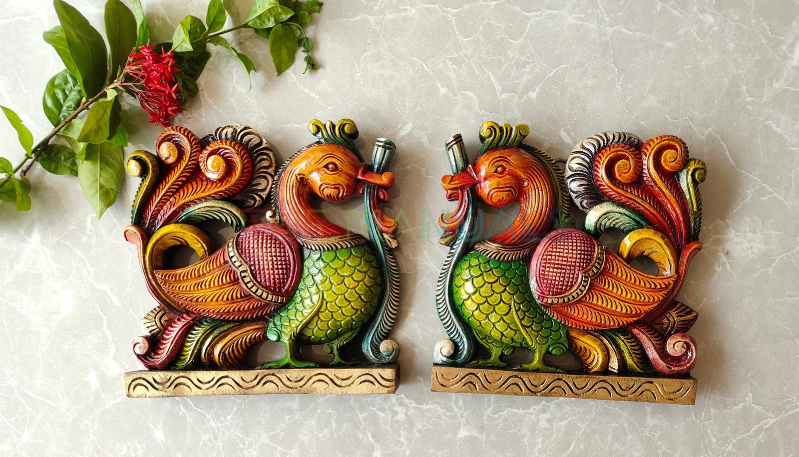 Handcrafted Wooden Wall Hanging with Twin Peacock Motif - Image 2
