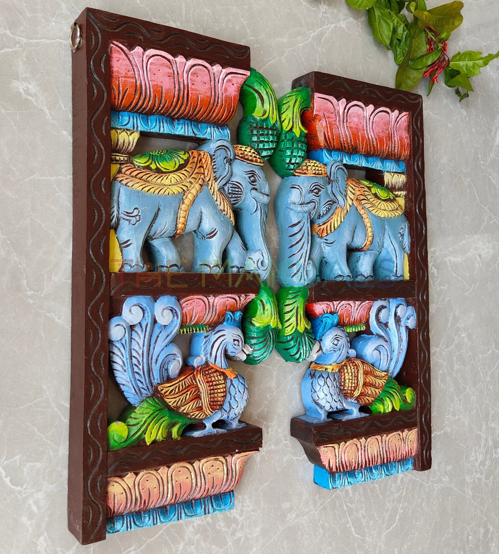 Handcrafted Wooden Elephant & Peacock Wall Bracket Pair