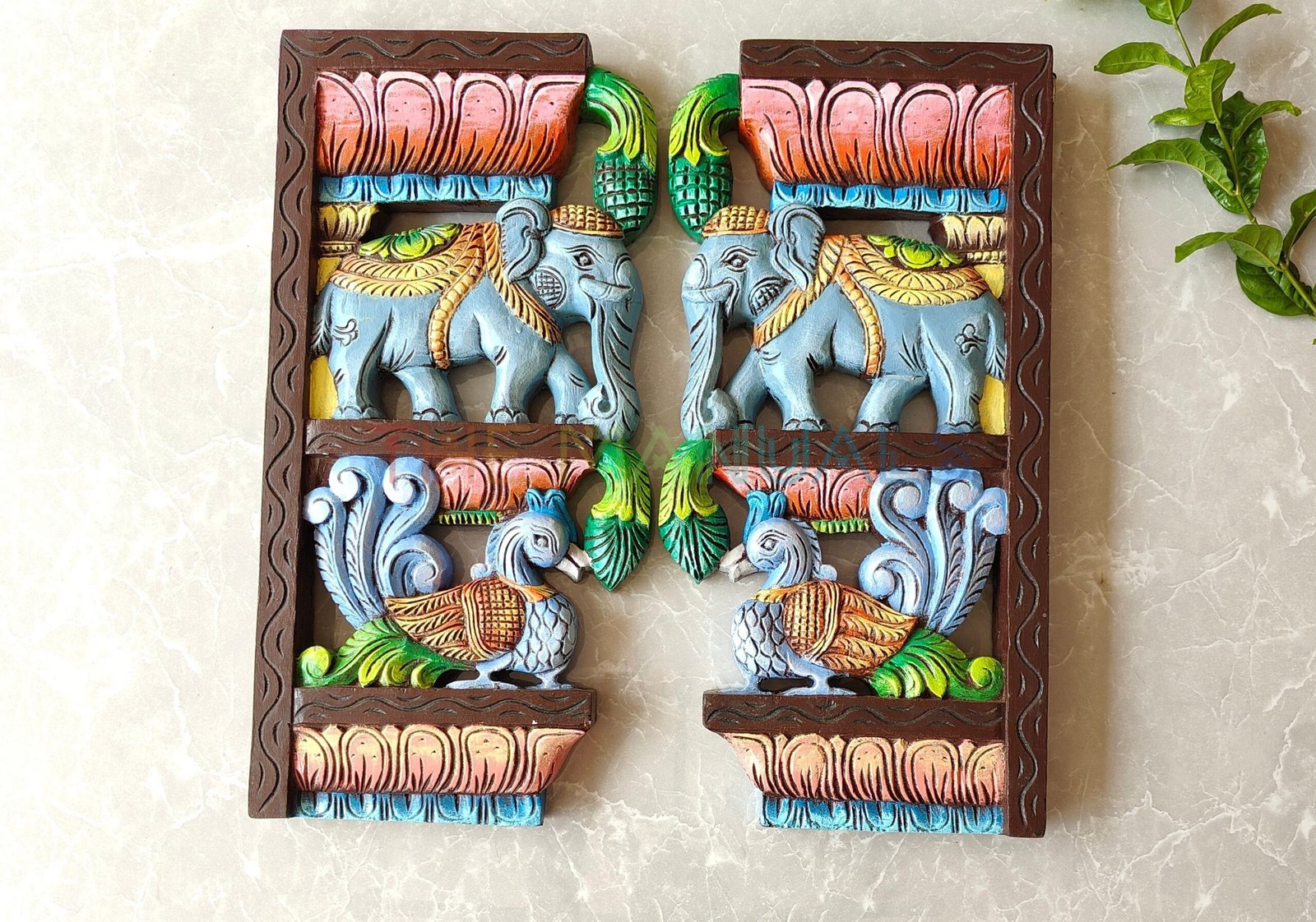 Handcrafted Wooden Elephant & Peacock Wall Bracket Pair - Image 2