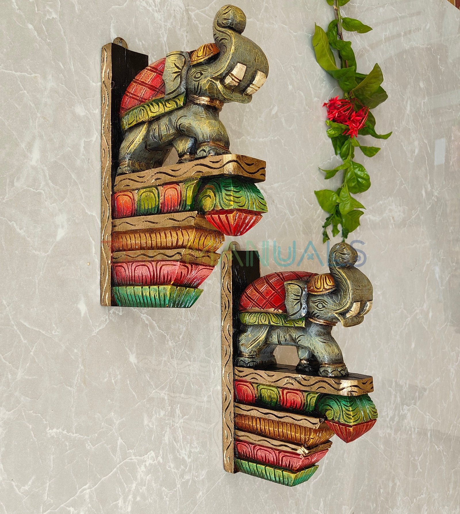Handcrafted Wooden Elephant Wall Bracket Pair