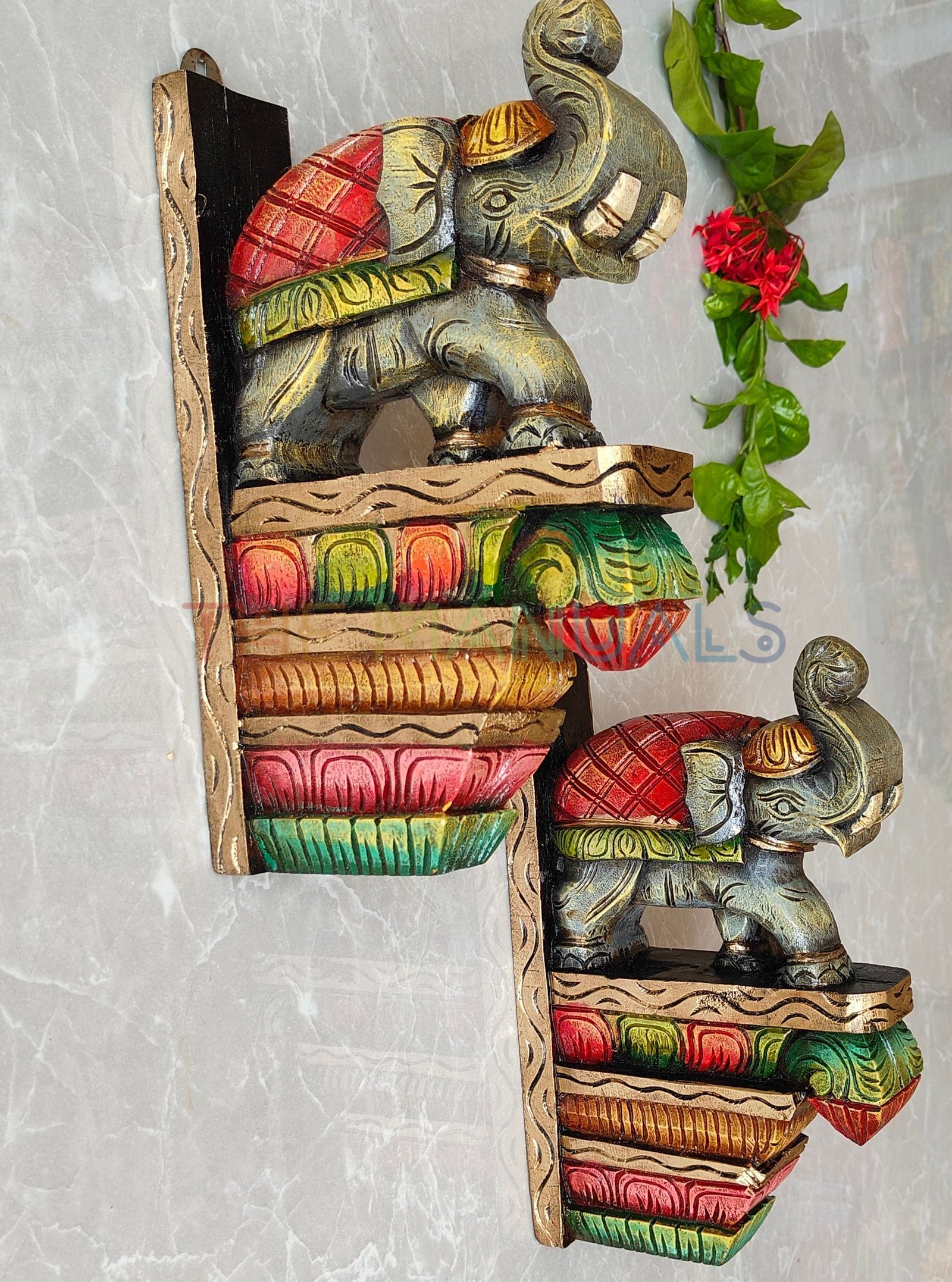 Handcrafted Wooden Elephant Wall Bracket Pair - Image 2