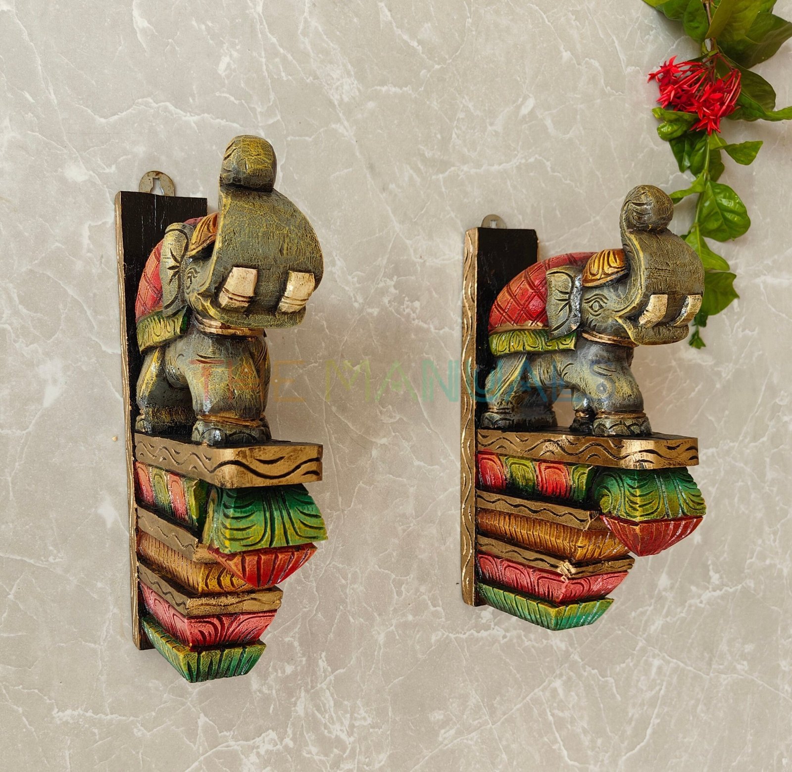 Handcrafted Wooden Elephant Wall Bracket Pair - Image 3