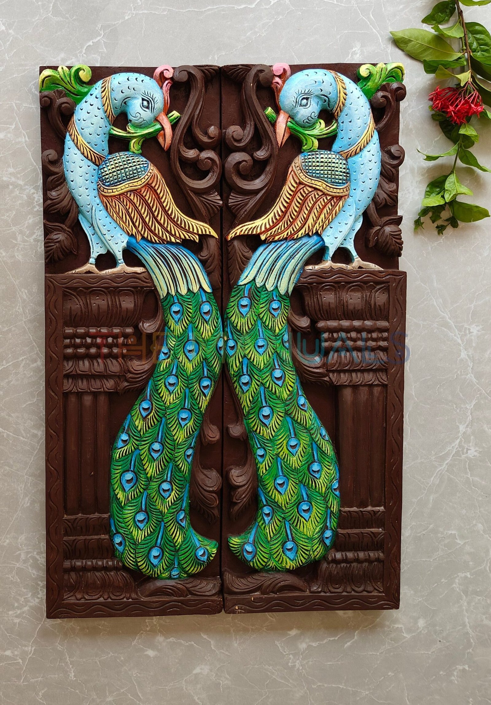Elegant Peacock Pair Wooden Wall Art