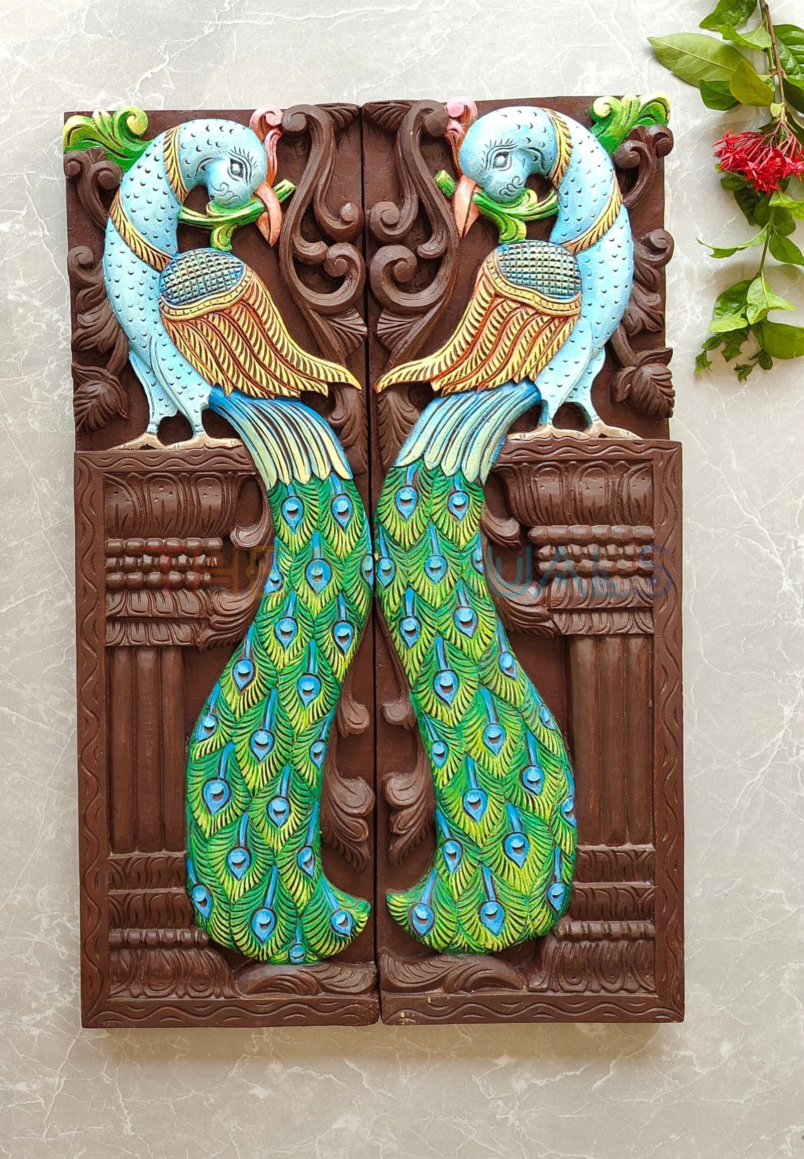 Elegant Peacock Pair Wooden Wall Art - Image 3