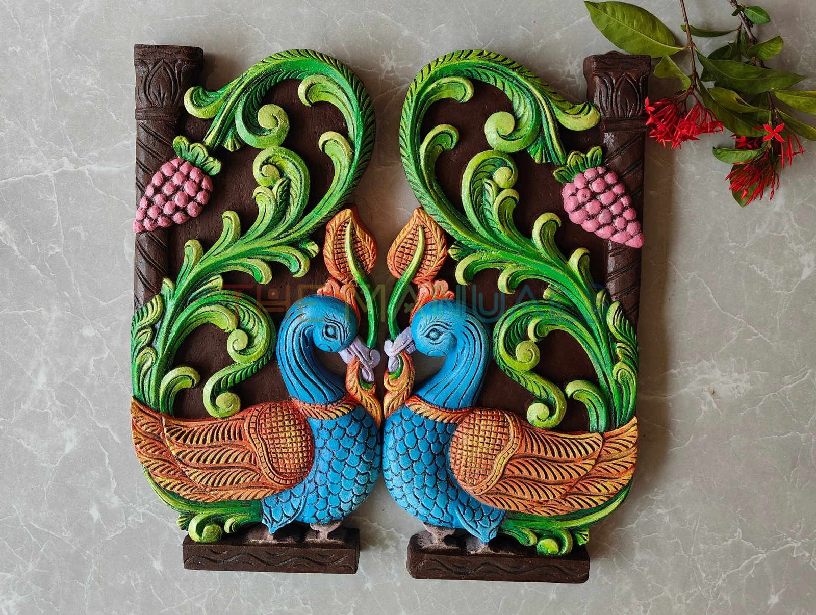 Vibrant Peacock Embrace Wooden Wall Art - Image 3